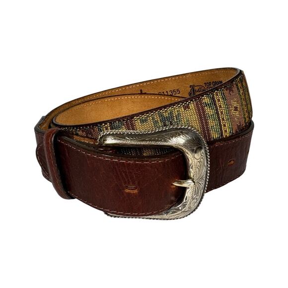 Justin Western Embroidered Tapestry Leather Belt 36 Made in USA Brown Woven - Picture 1 of 6